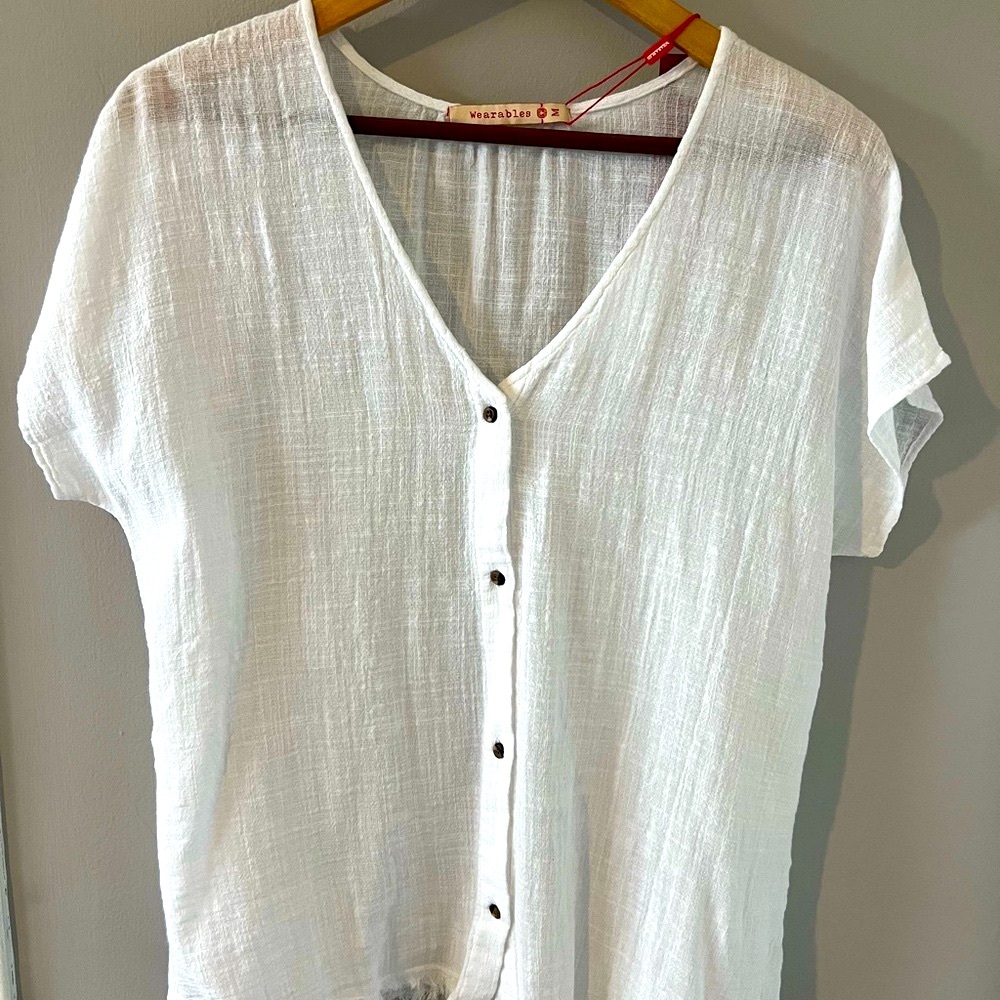 White V-Neck Button Down Top